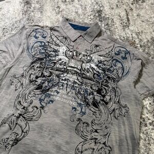 Point Zero Mens Grey Graphic Polo Shirt Y2K Gothic Fleur De Lis Silver Foil XL